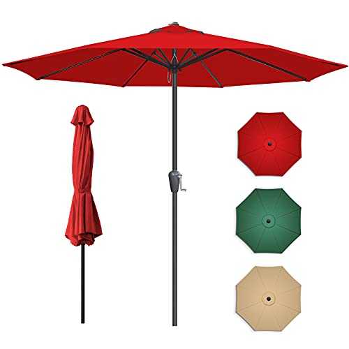 Qweidown 2.7m Garden Parasol Patio Umbrella with 8 Sturdy Ribs and Crank Handle, UV Protective, Waterproof Sun Parasol Table Umbrella Sun Shade Canopy for Outdoor Beach Garden Pool (Red)