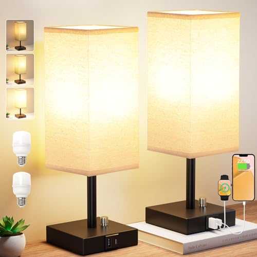 Seealle Bedside Lamps Set of 2, Small Lamps with USB A+C Charging Ports, Bedroom Table Lamps Set with Fabric Shade,Fully Dimmable Table Lamps for Bedroom, Living Room and Office( LED Blub Included)