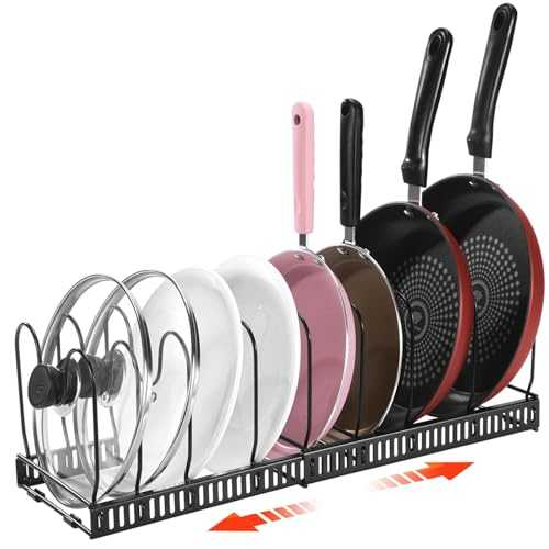Mr Rabbi Pot and Pan Organizer Rack For Cabinet, Expandable Pot Rack Organizer - Pans and Pots Lid Organizer For Kitchen Cabinet Pantry Bakeware Lid Holder with 10 Adjustable Compartments