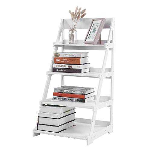 Ladder Shelf,4-Tier Wooden Plastic BookRack Storage Shelving Unit A-Frame Bookcase Display Wall Rack Storage Free Standing Plant Stand Flower Dish Rack Balcony White,44 x 43 x 85