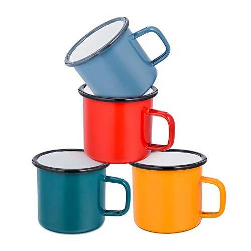 Enamel Coffee Tea Mug Set of 4, HaWare Red/Yellow/Blue/Green Enamel Drinking Mugs Cups, Ideal for Home/Office/Travel/Camping, Resusable & Portable, 350 ml（12 Ounce)