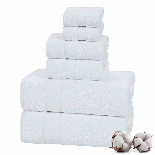 Textilom 100% Turkish Cotton 6 Piece Luxury Towel Set for Bathroom & Kitchen, Thick & Super Soft & Highly Absorbent & Quick Dry ( 2 Bath Towels, 2 Hand Towels, 2 Washcloths )- White