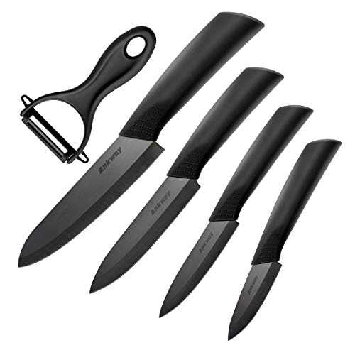 Ankway Ceramic Knife Set Black [Upgraded Version], Kitchen Utility Knife Set with Protective Cover for Cooking Bread Meat Vegetable Fruit-Rustproof and Stain Resistant, Packed in Superior Box, 5-Piece