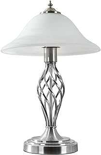 MiniSun Traditional Style Satin Nickel Barley Twist Table Lamp with a Frosted Alabaster Shade