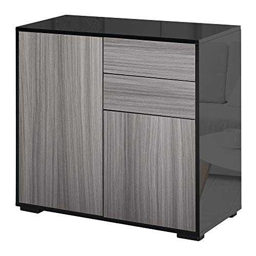 HOMCOM High Gloss Sideboard, Side Cabinet, Push-Open Design with 2 Drawer for Living Room, Bedroom, Light Grey and Black