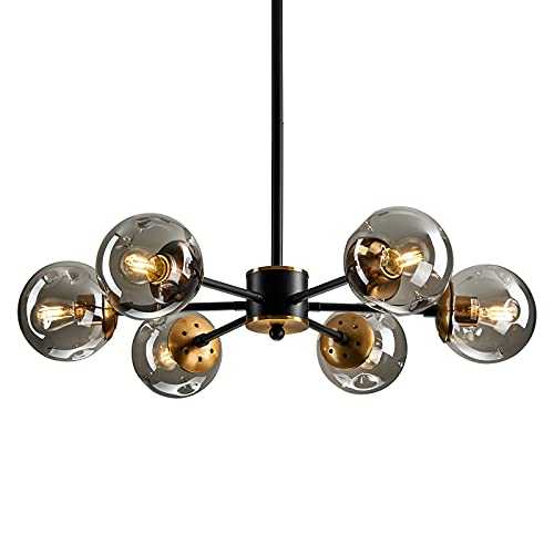 6 Light Chandelier, Large Ceiling Light Fixture with Clear Glass Classic, Black Pendent Lighting for Living Room Bedroom