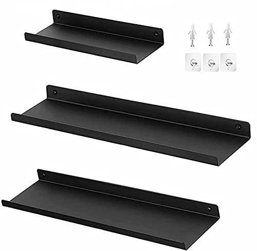 Metal Wall Shelves, Set of 3 Mounted Floating Shelves for Decorations, Photo Frames, Artificial Potted Plant, With 6 Screws and Self Adhesive Screw Included for Mounting,Industrial Style-Black