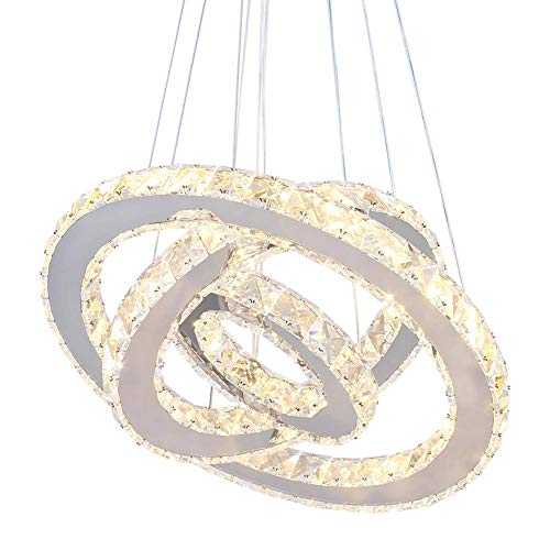 Dixun Modern LED Chandeliers Crystal 3 Rings Ceiling Lights Adjustable Stainless Steel Pendant Light Fixture for Dining Room Living Room Bedroom(Warm White)