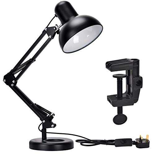 TEKLED® LED Desk Lamp | Adjustable Swing Arm | Replaceable E27 Edison Screw Bulb Holder | Flexible Table Clamp | for Bedside Reading, Office Work, Architects, Students