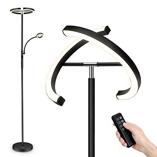 FIMEI Floor Lamp, Modern LED Rotatable Floor Lamp with Reading Light, Standing Lamp with Stepless Dimming and 3000K-6000K Color Temperature, Touch and Remote Control (Black)