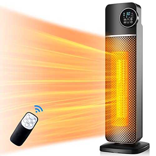 Fan Heater, PTC Space Heater with Digital Thermostat, 60° Oscillation, Remote Control + Touchable LED Display, 1-9H Timer/Reservation, Electric Heater Quiet Fast Heating for Large Room Office Bathroom