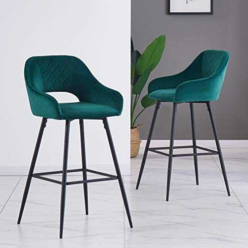 AINPECCA Bar Stools Velvet Upholstered seat with Backrest & Armrest Metal Legs Kitchen Breakfast Bar Stools (Green velvet, 2)