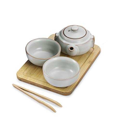 Flexzion Chinese Japanese Vintage Kungfu Gongfu Tea Set Portable Travel Teapot, (Jade Green Celadon/Greenware) Porcelain Ceramic Tea Pot, 2 Tea Cup, Bamboo Tea Tray, Tea Mat, Portable Travel Bag
