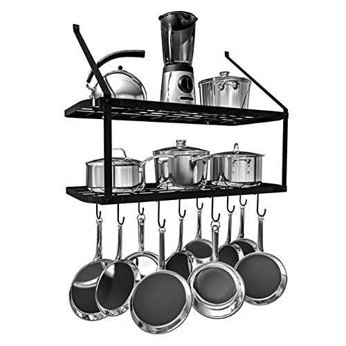 Warmiehomy Metal Pot Pan Rack, Wall Mounted Kitchen Shelf with Hooks, Hanging Utensils Holder, Black Shelving Organizer for Kitchen Bathroom Balcony Storage (74.9x34.8x58.9cm)