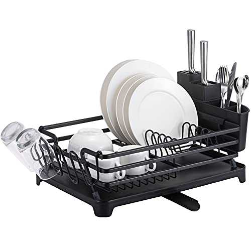 Luling Aluminum Dish Drying Rack, Rustproof Sink Dish Rack and Drainboard Set, Dish Drainer with Adjustable Swivel Spout, Removable Utensil Holder and Drainboard - Black