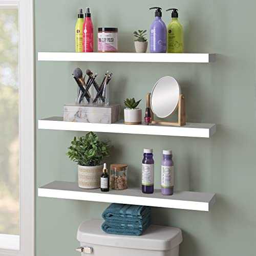 White Floating Shelves Wall Mounted Set of 3,Wooden Wall Storage Shelf with Invisible Brackets,Decorative Display Shelf Unit Organizer for Living Room,Bedroom,Bathroom,Kitchen