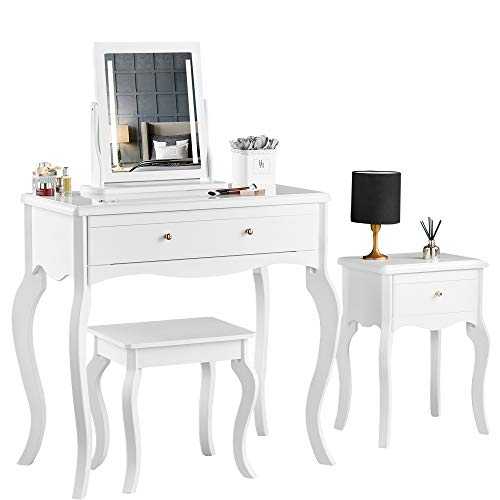 Sorrento - White Dressing Table Side Table With Drawer Rose Gold Handle Stool and Mirror with LED Lights Four Piece Set