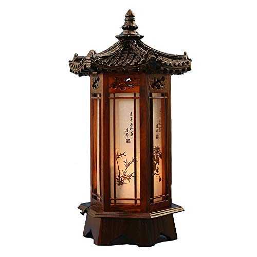 Hexagonal Carved Wood Lamp Handmade Traditional Korean Roof and Window Design Art Deco Lantern Brown Asian Oriental Bedside Bedroom Accent Unusual Table Light