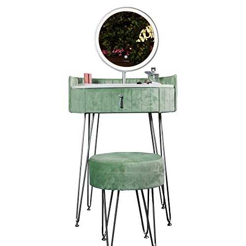 CARME French Riviera Velvet Dressing Table Stool Set with LED Touch Sensor Mirror in Sage Green