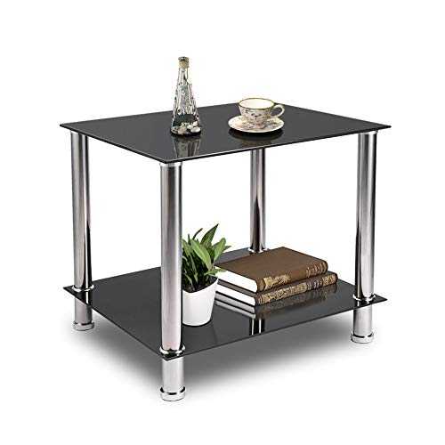 Coffee Table Tempered Glass Living Room Table Side Table Industrial Design Sofa Table 2 Tier Glass Table with Chrome Legs Coffee Table Metal Console Table for Living Room Balcony Hallway Black