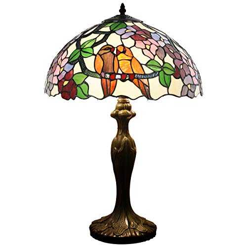 Tiffany Table Lamp 24 Inch Tall Wide 16 Inch Double Birds Design Stained Glass Shade 2 Light Antique Base For Bedroom Living Room Reading Lighting Coffee Table Set S803 WERFACTORY