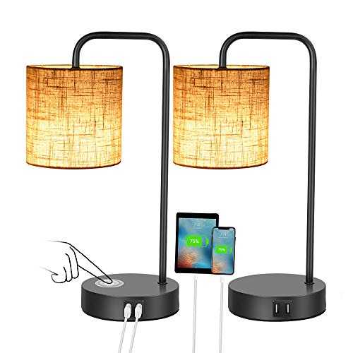 Bedside Table Lamp Set of 2 with USB Charging Ports Sunvook Touch Control Desk Lamps Vintage Nightstand Lamp with Dimmable 2700K Bulbs & Eye-Caring Fabric Shades for Bedroom, Living Room, Office