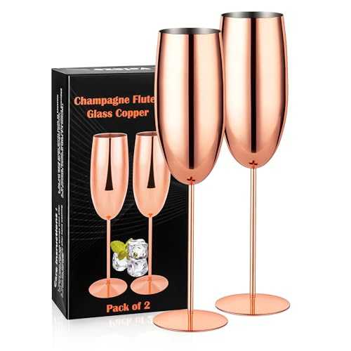 Velaze Copper Champagne Flutes Set, 2 Piece Stainless Steel Copper Champagne Flutes Glass Set, Luxurious Hammered Copper Sparkling Wine Stemware Set, Unbreakable BPA Free Champagne Glasses - 300 ML