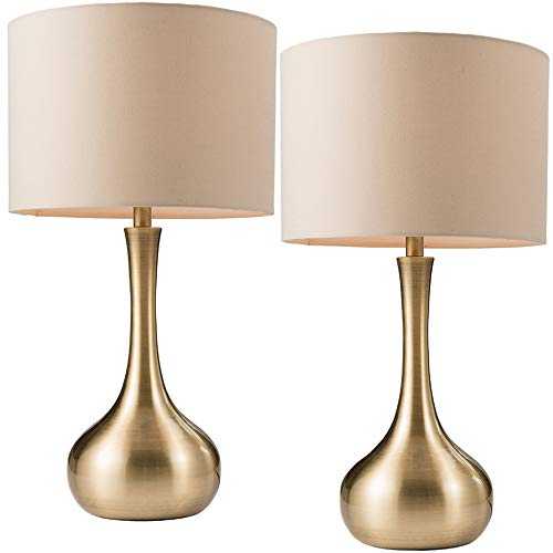 2 Pack | 40W E14 | Touch DIMMABLE Table Lamp Light | Modern Round Antique Brass Metal Base & Taupe Cotton Shade | Bedroom Bedside Sideboard Office Desk Reading Task Lighting | Dimming LED