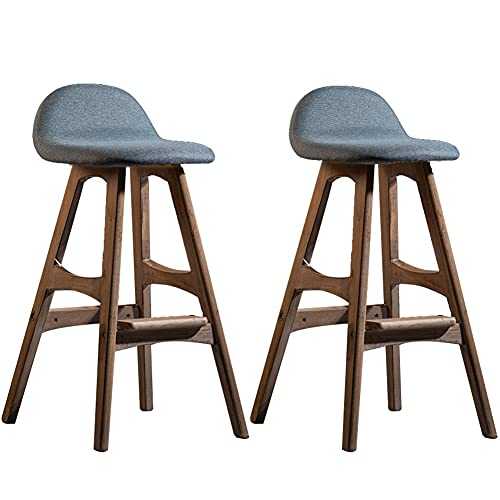 zjyfyfyf Barstools Set Of 2 High Stools Wood Legs Kitchen Counter Chairs Bar Stools With Backrest Footrest Fabric Padded Seat Breakfast Chairs (Color : Blue, Stool legs : Brown stool legs)