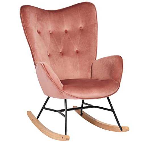 HOMYCASA Rocking Chair Rocker Relax Lounge Nursing Rocking Chair Fabric Chair Recliner Relaxing Chair Button Decor Linen with Padded Seat (Pink)