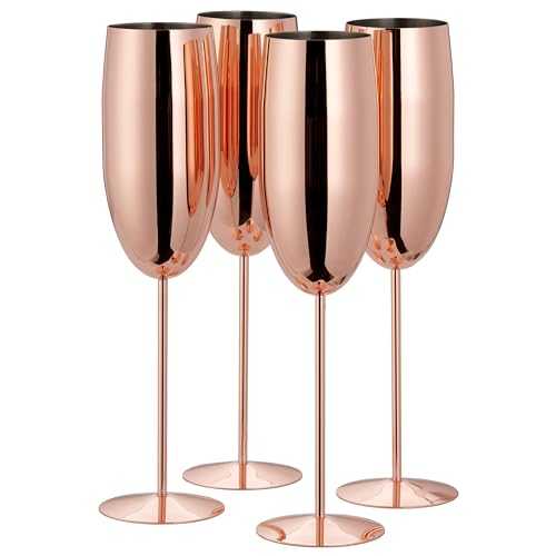 Oak & Steel - 4 Elegant Stainless Steel Rose Gold Champagne Flutes - 285ml