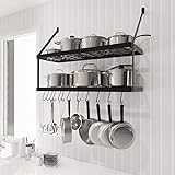 KES Pan Rack Wall Mounted Kitchen Pots and Pans Hanging Rack, 2 Tier Kitchen Wall Shelf with 12 S-Hooks Heavy Duty Matte Black 75CM, KUR218S75B-BK