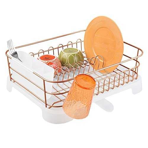 mDesign Dish Drainer – 2-Piece Dish Rack With Cutlery Tray and Removable Draining Board – Ideal Dish Drying Rack for The Kitchen Sink – Copper/Clear