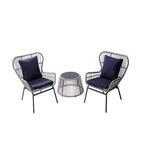 Peaktop UK-PT-OF0006-UK Rattan Patio Furniture Set Table & 2 Chairs Blue & Grey PT-OF0006-UK, Blue
