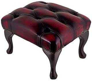 Chesterfield Footstool Antique Oxblood Red Leather Queen Anne Legs