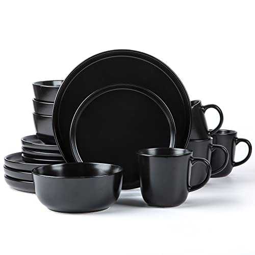 ARORA SKUGGA Round Stoneware 16pc Dinnerware Set of 4, Dinner Plates, Side Plates, Cereal Bowls, Mugs - Matte Black (472979)