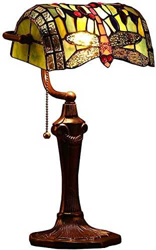 Bieye L30058 Dragonfly Tiffany Style Stained Glass Banker Table Lamp with 10-inch Wide Lampshade and Zinc Base for Reading Working Desk (Green)
