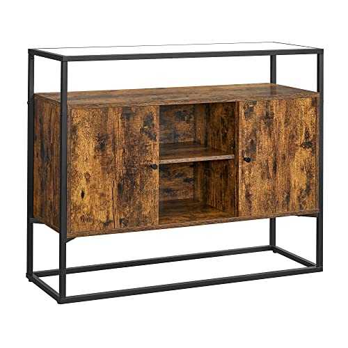 VASAGLE Sideboard, Side Cabinet, Storage Cabinet with Glass Surface and Open Compartments, Living Room, Hallway, Stable Steel Frame, Tempered Glass, Industrial, Rustic Brown and Black LSC014B01