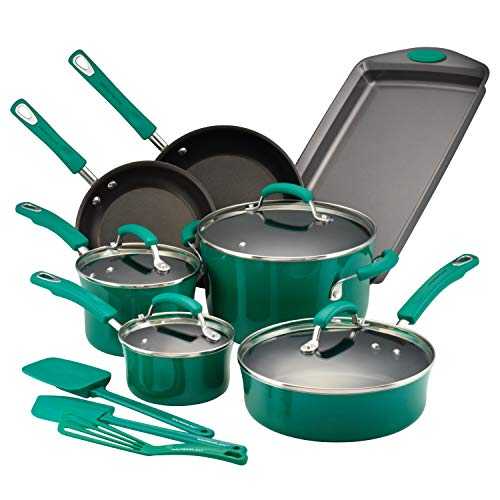 Rachael Ray Brights Nonstick Cookware Pots and Pans Set, 14 Piece, Fennel Gradient