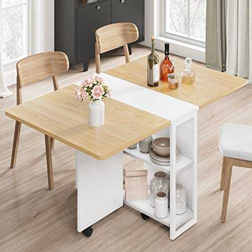 Space Saving Folding Dining Table with 2 Tier Storage-Extendable Drop Leaf Farmhouse Wood Kitchen Dining Room Tables Set for 4, Collapsible Expandable Rectangle Dinner Kitchen Office Furniture