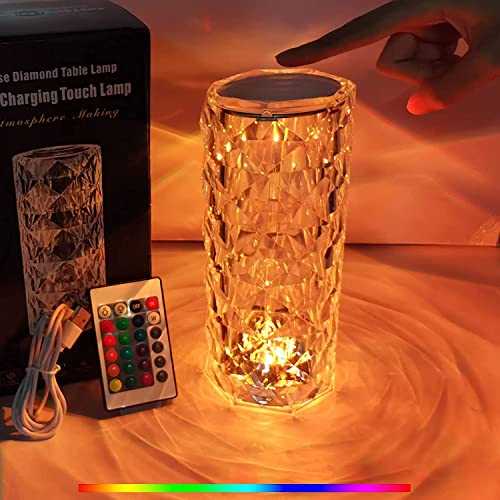 Crystal Diamond Table Lamp,Crystal Bedside Night Light with Remote Controller,16 Different Lighting Colors,Brightness Adjustable 4 Modes,USB Port, for Bedroom Living Room Office Decor