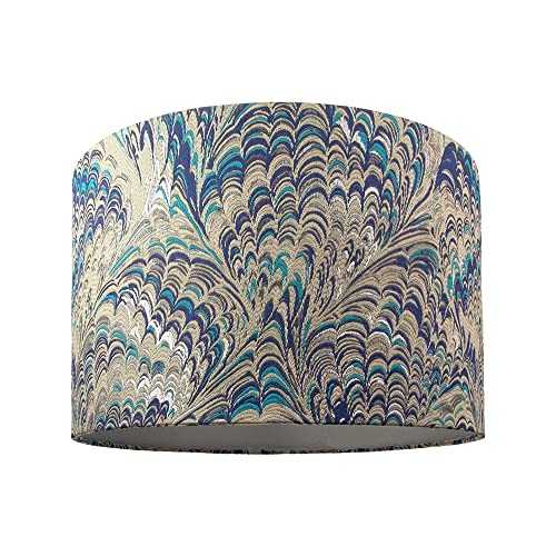 Contemporary and Vivid Peacock Print Table/Pendant Lamp Shade in Teal, Grey, Blue and Silver Cotton - 30cm with Silver Satin Fabric Inner Lining | 60w Maximum by Happy Homewares