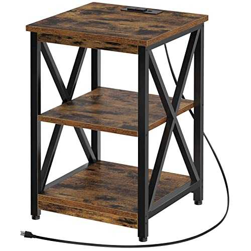 Rolanstar End Table, Sturdy Side Table with Charging Station, 2 USB Ports, 3 Tier Open Shelf and Large Storage, Stable Frame Beside Table for Sofa, Living Room (Rustic Brown)