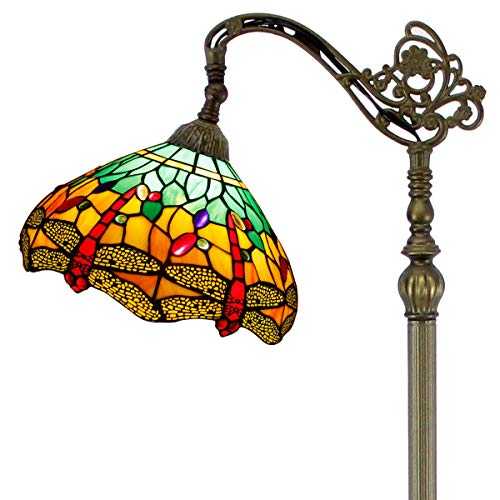 Tiffany Style Reading Floor Lamp Lighting W12H64 Inch Green Yellow Stained Glass Dragonfly Lampshade Antique Adjustable Arched Base S009G WERFACTORY LAMPS Living Room Bedroom Beside Table Lover Gifts