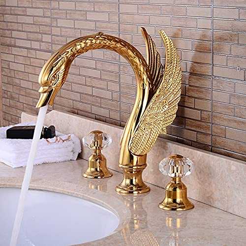 Kitchen Faucet Luxury Soild Brass Gold Faucet Bathroom Golden Swan Faucets Double Crystal Handle Three Hole Wash Basin Tap Mixer ELF1513G