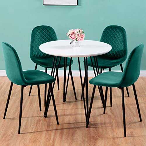 GOLDFAN Round Dining Table and 4 Chairs Set,80cm Wooden White Table and 4 Green Velvet Chairs for Kitchen Dining Room,White&Green