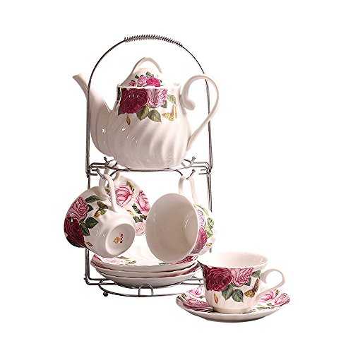 ufengke 9 Piece White English Ceramic Tea Set,Rose Printing and Water Ripple Vintage Tea Set Service Coffee Set,For Household