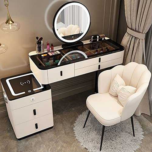 Vanity Desk- Makeup Vanity with Wireless Charging Station and Bluetooth Speaker, Including LED Makeup Mirror, 5 Solid Wood Drawers and Makeup Stool, for Family Bedroom, Dressing Room (Color : White b