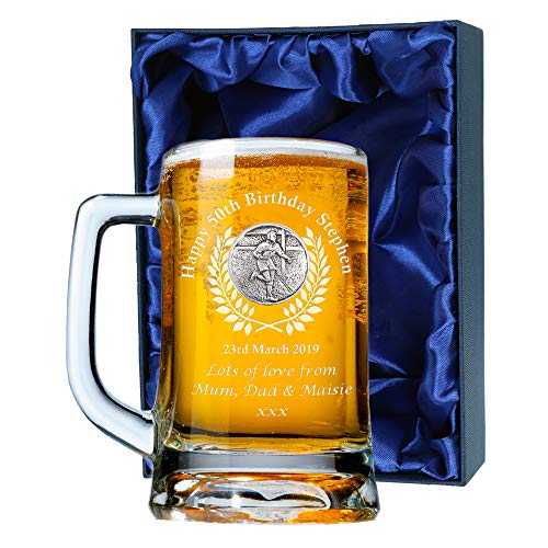 De Walden Men's 50th Birthday Gift, Engraved 50th Birthday Pint Glass Tankard with Pewter Rugby Player Feature, In a Satin Lined Presentation Box, Gift for Men's 50th Birthday