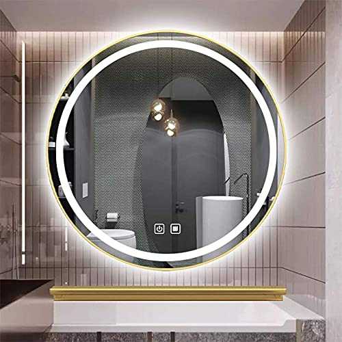 ZCYY Bathroom mirror Bathroom round mirror backlit LED light mirror wall-mounted smart 50 * 50/60 * 60/70 * 70/80 * 80cm brushed gold double touch monochrome light defogging explosion-proof mirro